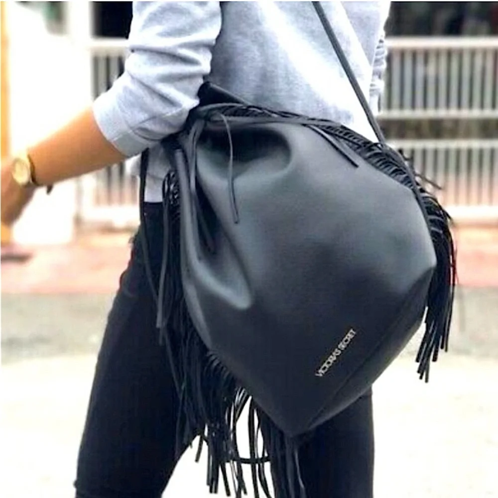 Victoria’s Secret Limited Edition Black Vegan Leather Drawstring Fringe Backpack